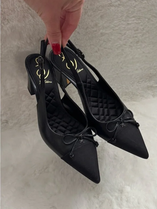 Sam Edelman Black Pointed Toe Slingback Heels with Bow Accent - Picture 1 of 3